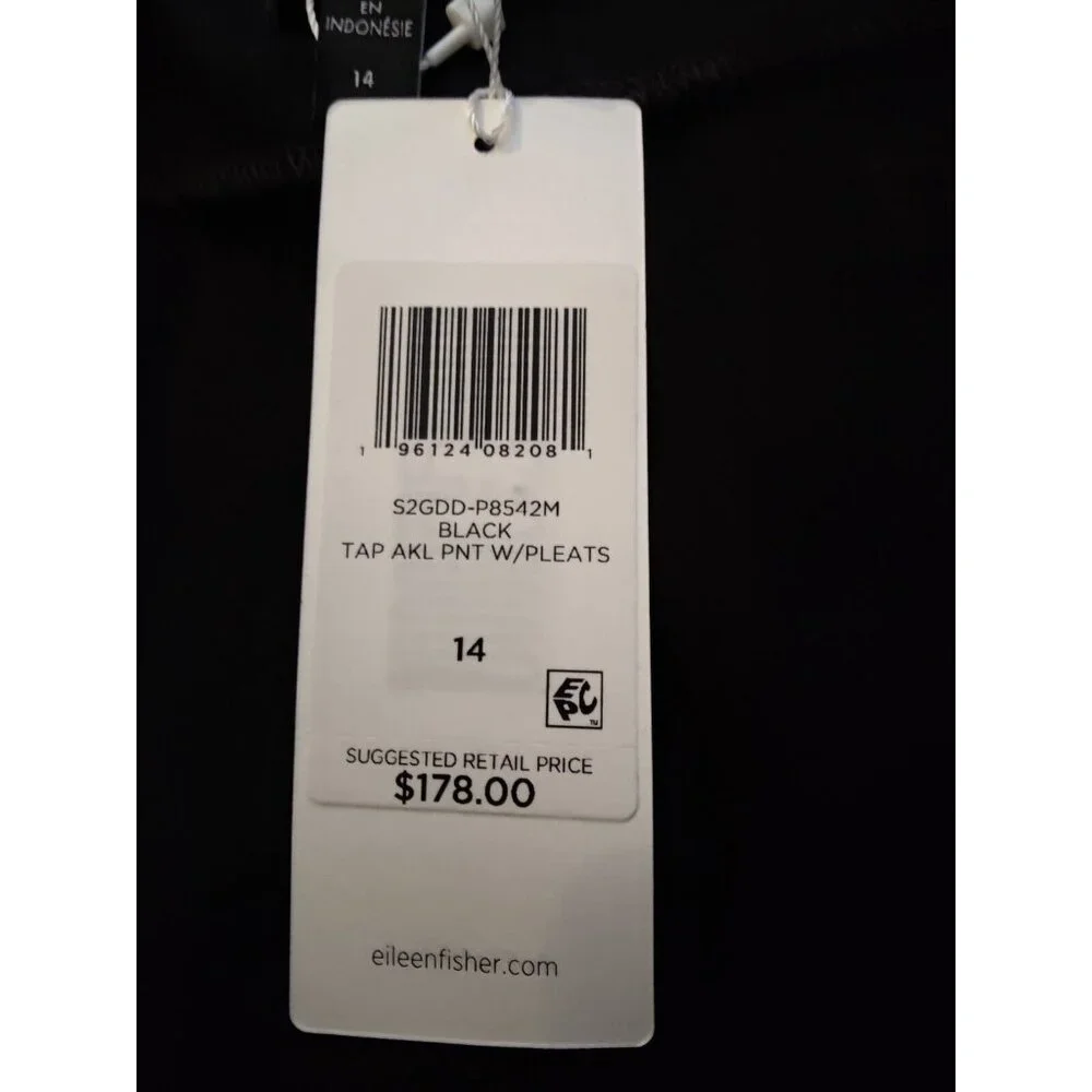 Eileen Fisher Black High‎ Rise Pleated Tapered Pants 14 (35x27.5) NWT